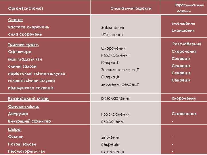 Орган (система) Серце: частота скорочень Збільшення сила скорочень збільшення Травний тракт: Сфінктери інші гладкі