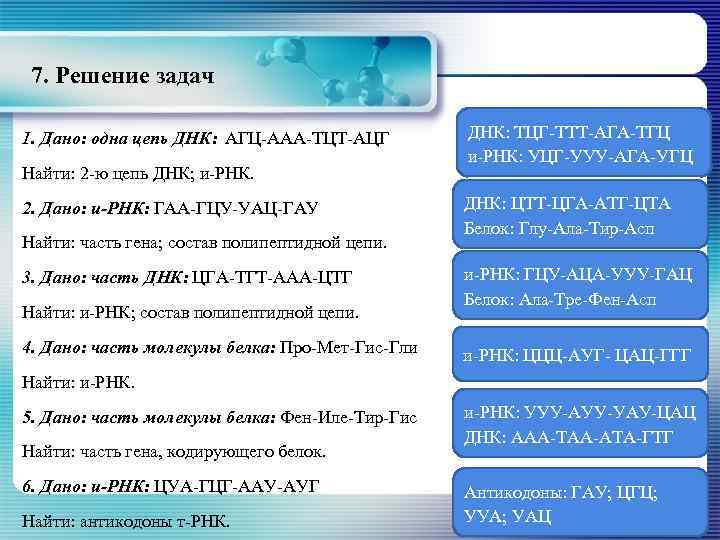 7. Решение задач 1. Дано: одна цепь ДНК: АГЦ-ААА-ТЦТ-АЦГ Найти: 2 -ю цепь ДНК;