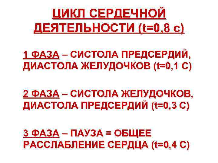 ЦИКЛ СЕРДЕЧНОЙ ДЕЯТЕЛЬНОСТИ (t=0, 8 с) 1 ФАЗА – СИСТОЛА ПРЕДСЕРДИЙ, ДИАСТОЛА ЖЕЛУДОЧКОВ (t=0,