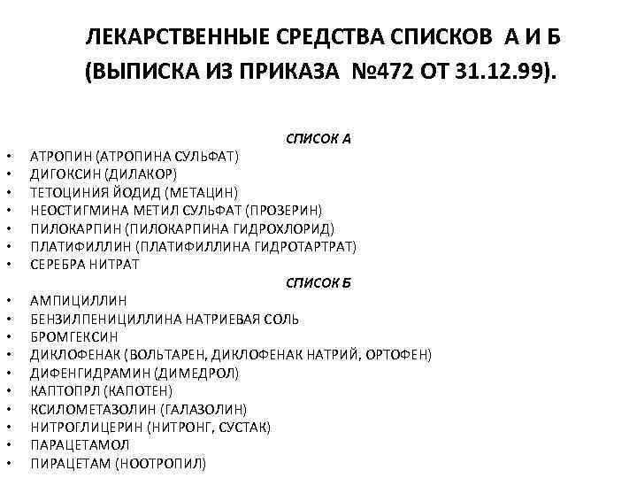 ЛЕКАРСТВЕННЫЕ СРЕДСТВА СПИСКОВ А И Б (ВЫПИСКА ИЗ ПРИКАЗА № 472 ОТ 31. 12.