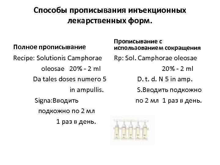 Способы прописывания инъекционных лекарственных форм. Полное прописывание Recipe: Solutionis Camphorae oleosae 20% - 2