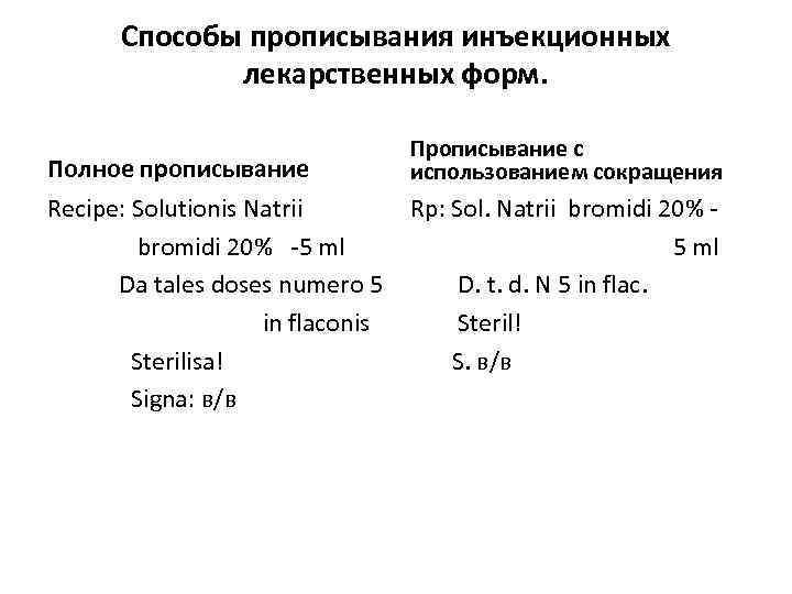 Способы прописывания инъекционных лекарственных форм. Полное прописывание Recipe: Solutionis Natrii bromidi 20% -5 ml