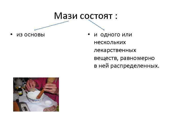  Мази состоят : • из основы • и одного или нескольких лекарственных веществ,