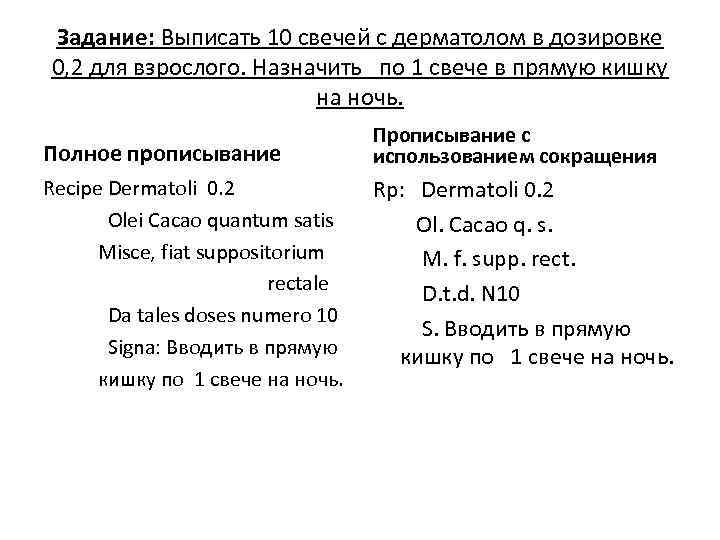 Задание: Выписать 10 свечей с дерматолом в дозировке 0, 2 для взрослого. Назначить по