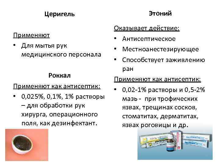 Церигель Применяют • Для мытья рук медицинского персонала Роккал Применяют как антисептик: • 0,