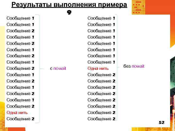 Результаты выполнения примера 9 Сообщение 1 Сообщение 2 Сообщение 1 Сообщение 2 Одна нить