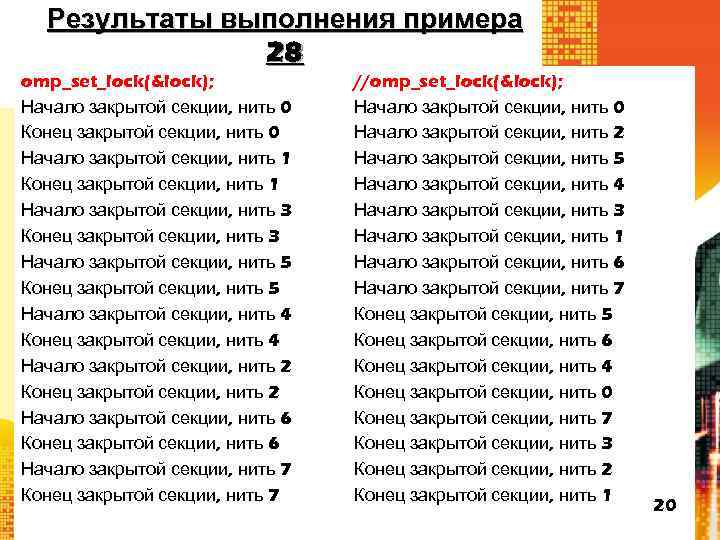 Результаты выполнения примера 28 omp_set_lock(&lock); Начало закрытой секции, нить 0 Конец закрытой секции, нить