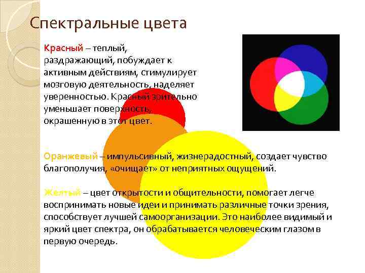 Спектральные цвета Красный – теплый, раздражающий, побуждает к активным действиям, стимулирует мозговую деятельность, наделяет
