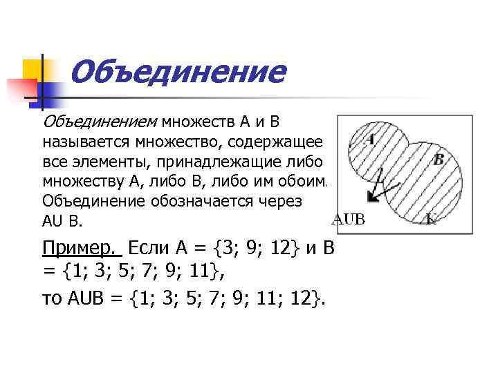 Объединением множеств А и В называется множество, содержащее все элементы, принадлежащие либо множеству A,