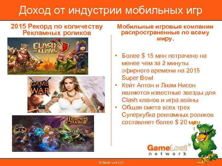 Доход от индустрии мобильных игр 2015 Рекорд по количеству Рекламных роликов Мобильные игровые компании
