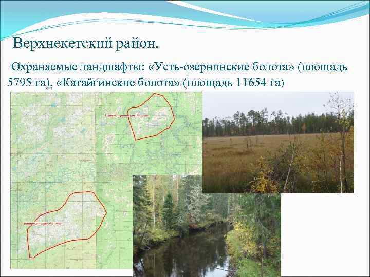 Верхнекетский район. Охраняемые ландшафты: «Усть-озернинские болота» (площадь 5795 га), «Катайгинские болота» (площадь 11654 га)