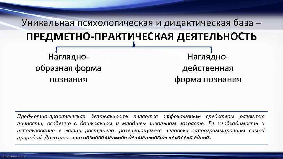 Уникальная психологическая и дидактическая база – ПРЕДМЕТНО-ПРАКТИЧЕСКАЯ ДЕЯТЕЛЬНОСТЬ Нагляднообразная форма познания Нагляднодейственная форма познания