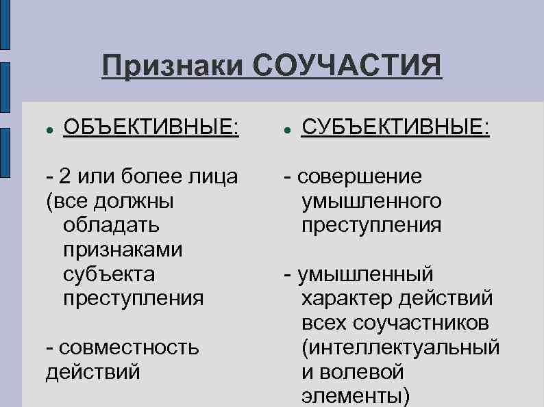 Признаки СОУЧАСТИЯ ОБЪЕКТИВНЫЕ: - 2 или более лица (все должны обладать признаками субъекта преступления