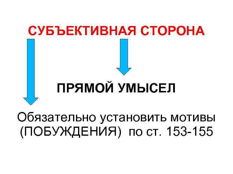 СУБЪЕКТИВНАЯ СТОРОНА ПРЯМОЙ УМЫСЕЛ Обязательно установить мотивы (ПОБУЖДЕНИЯ) по ст. 153 -155 
