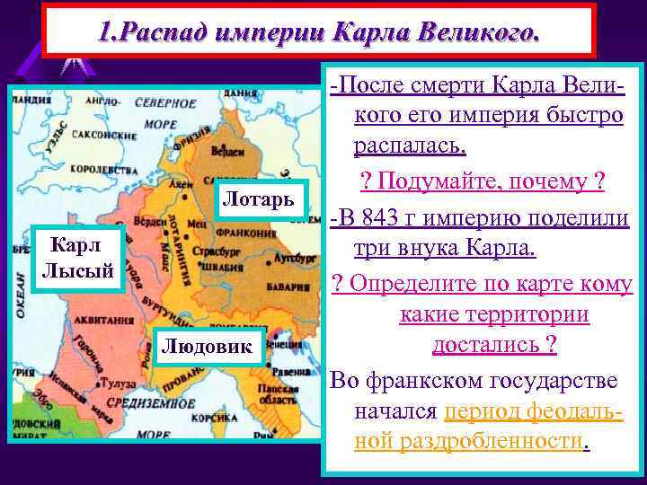 1. Распад империи Карла Великого. Лотарь Карл Лысый Людовик -После смерти Карла Великого его