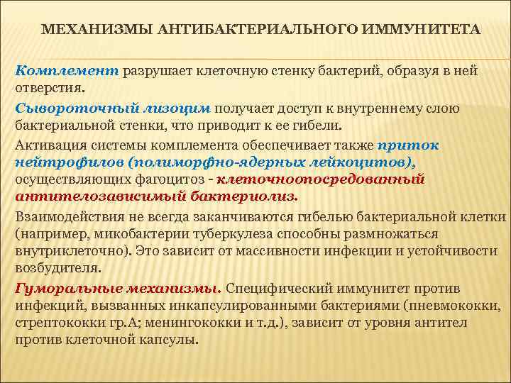 МЕХАНИЗМЫ АНТИБАКТЕРИАЛЬНОГО ИММУНИТЕТА Комплемент разрушает клеточную стенку бактерий, образуя в ней отверстия. Сывороточный лизоцим