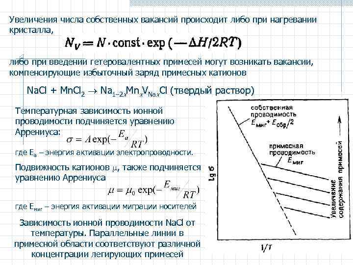 Увеличения числа собственных вакансий происходит либо при нагревании кристалла, либо при введении гетеровалентных примесей