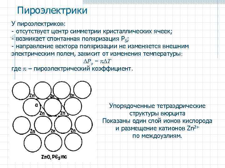 Пироэлектрики У пироэлектриков: - отсутствует центр симметрии кристаллических ячеек; - возникает спонтанная поляризация PS;