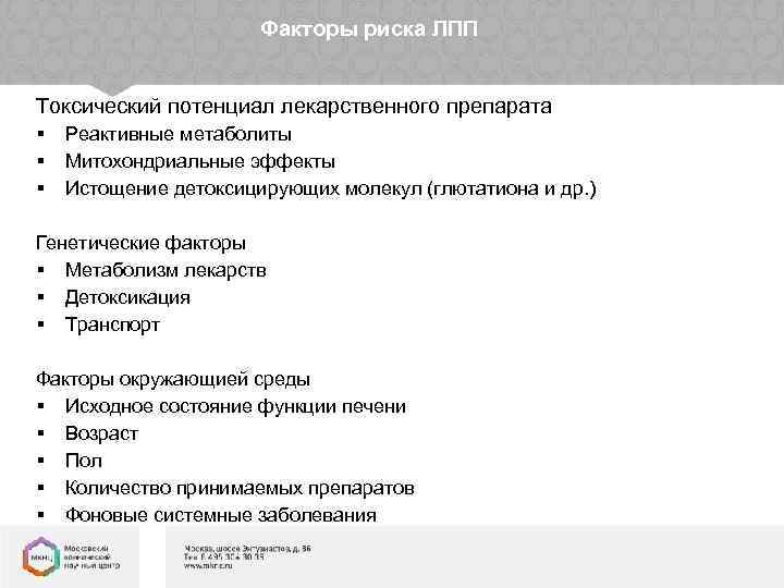 Факторы риска ЛПП Токсический потенциал лекарственного препарата § § § Реактивные метаболиты Митохондриальные эффекты