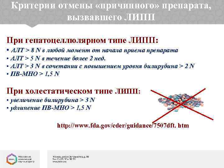 Критерии отмены «причинного» препарата, вызвавшего ЛИПП При гепатоцеллюлярном типе ЛИПП: • АЛТ > 8