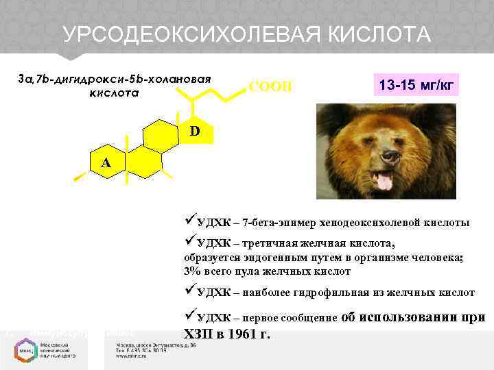 УРСОДЕОКСИХОЛЕВАЯ КИСЛОТА 3 a, 7 b-дигидрокси-5 b-холановая кислота СOOH 13 -15 мг/кг D А