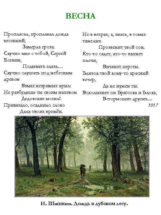 ВЕСНА Проплясал, проплакал дождь весенний, Замерла гроза. Скучно мне с тобой, Сергей Есенин, Подымать