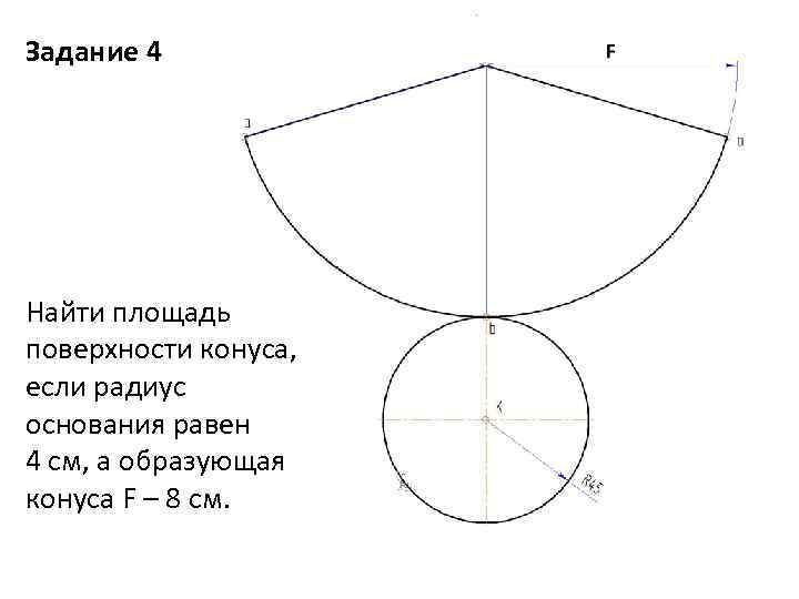 Задание 4 Найти площадь поверхности конуса, если радиус основания равен 4 см, а образующая