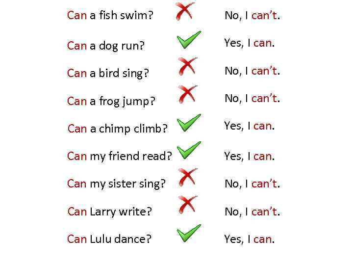 Can a fish swim? No, I can’t. Can a dog run? Yes, I can.