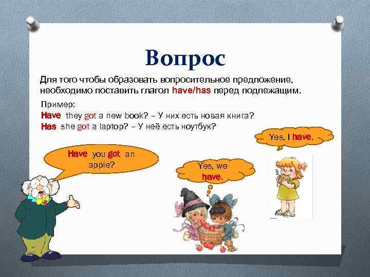 Вопрос Для того чтобы образовать вопросительное предложение, необходимо поставить глагол have/has перед подлежащим. Пример: