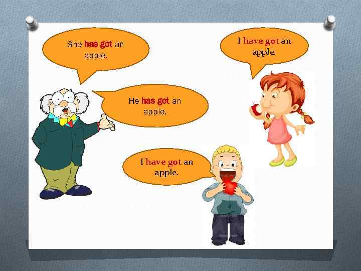 I have got an apple. She has got an apple. He has got an