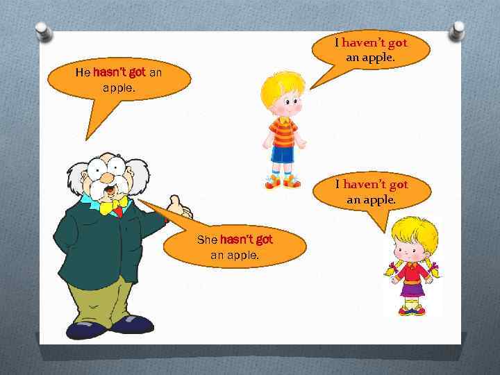 I haven’t got an apple. He hasn’t got an apple. I haven’t got an