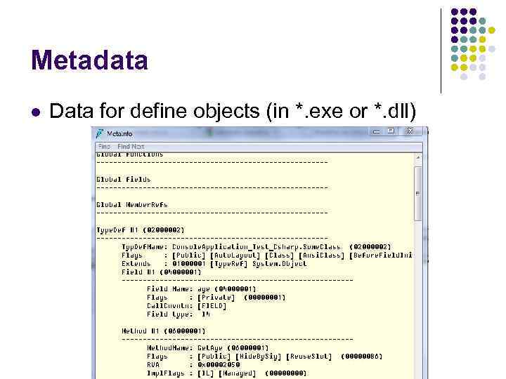 Metadata l Data for define objects (in *. exe or *. dll) 