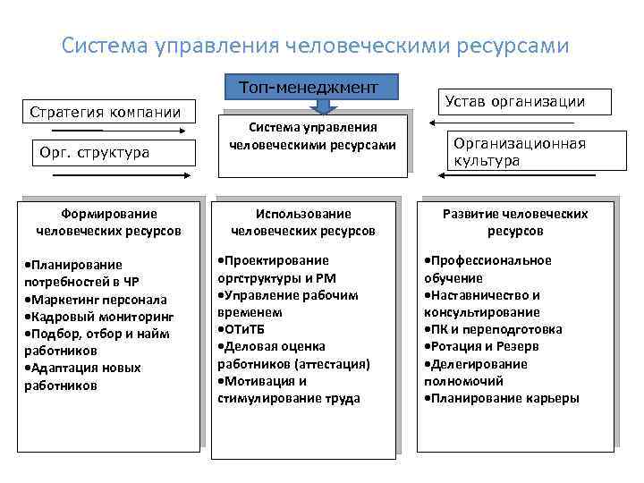 Система управления человеческими ресурсами Топ-менеджмент Стратегия компании Орг. структура Формирование человеческих ресурсов ·Планирование потребностей