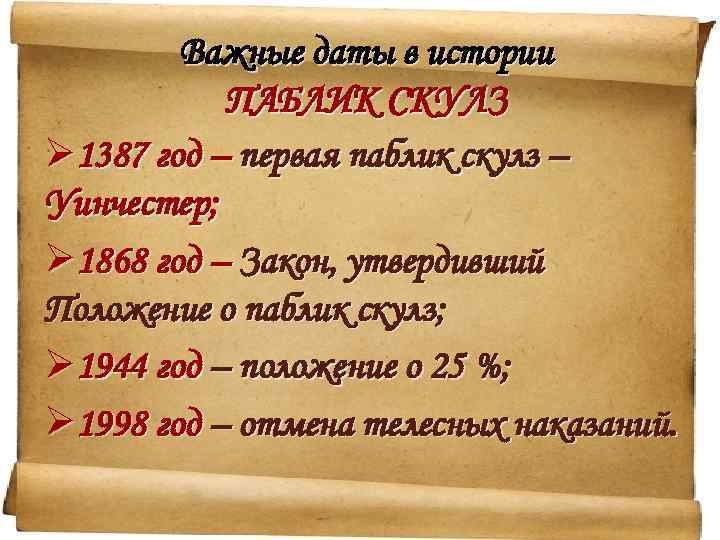 Важные даты в истории ПАБЛИК СКУЛЗ Ø 1387 год – первая паблик скулз –