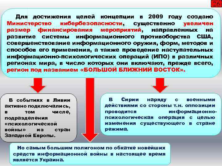 26 Для достижения целей концепции в 2009 году создано Министерство кибербезопасности, существенно увеличен размер