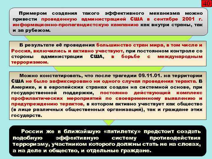 40 Примером создания такого эффективного механизма можно привести проведенную администрацией США в сентябре 2001