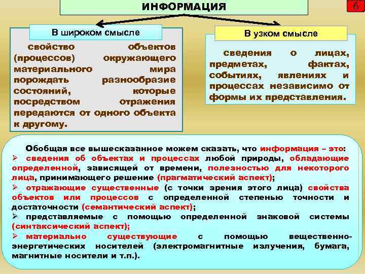 ИНФОРМАЦИЯ В широком смысле свойство объектов (процессов) окружающего материального мира порождать разнообразие состояний, которые