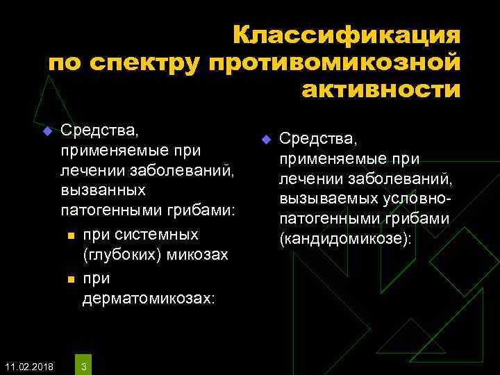 Классификация по спектру противомикозной активности u 11. 02. 2018 Средства, применяемые при лечении заболеваний,