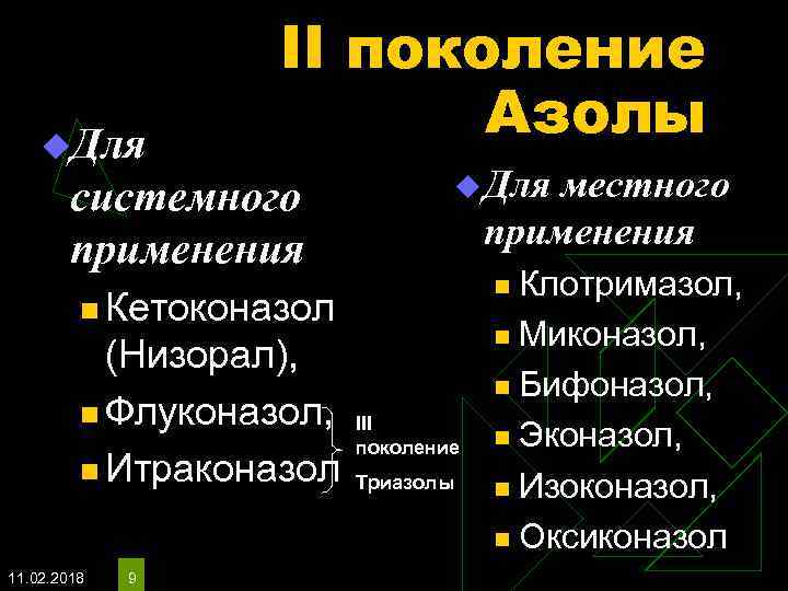 u. Для II поколение Азолы системного применения u Для n Кетоконазол (Низорал), n Флуконазол,