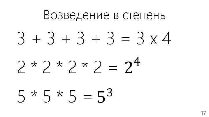 Возведение в степень 3+3+3+3=3 x 4 2*2*2*2= 5*5*5= 17 