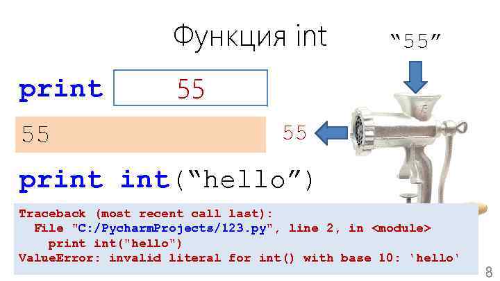 Функция int “ 55” print int(“ 55”) 55 55 55 print int(“hello”) Traceback (most