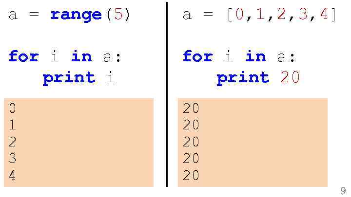 a = range(5) a = [0, 1, 2, 3, 4] for i in a: