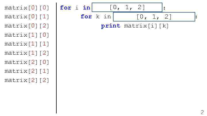 matrix[0][0] matrix[0][1] matrix[0][2] matrix[1][0] matrix[1][1] matrix[1][2] matrix[2][0] matrix[2][1] matrix[2][2] [0, 1, 2] for i