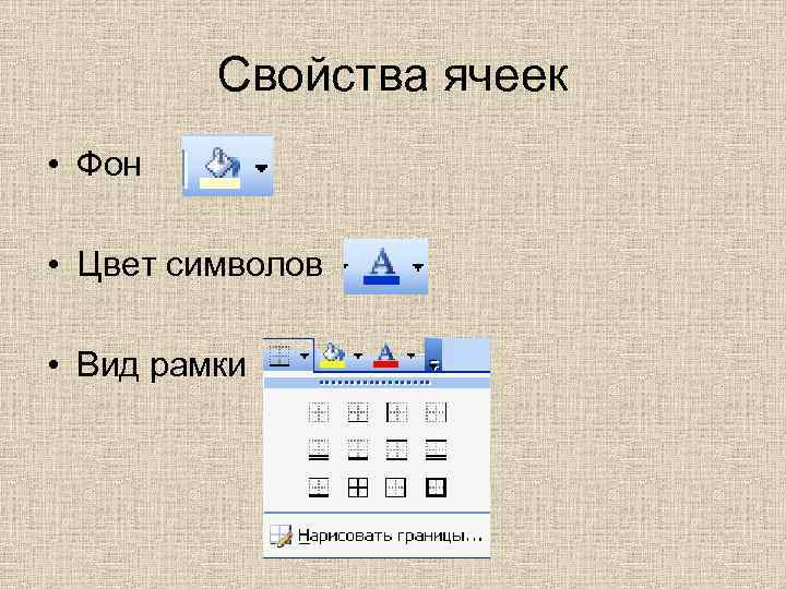 Свойства ячеек • Фон • Цвет символов • Вид рамки 