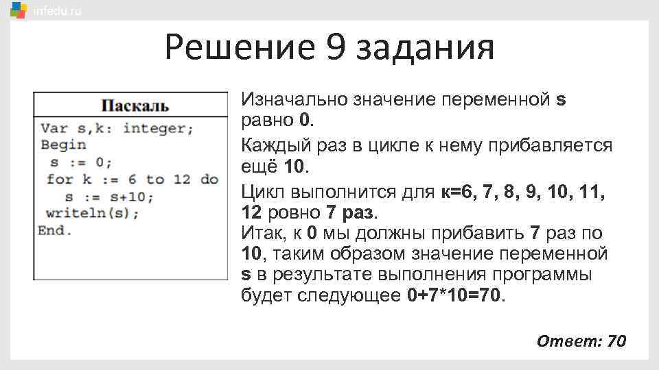 Решение 9 задания Изначально значение переменной s равно 0. Каждый раз в цикле к