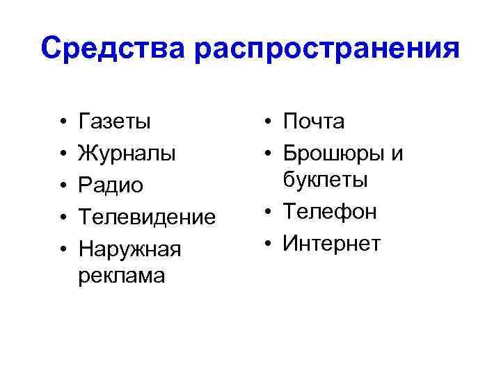 Средства распространения • • • Газеты Журналы Радио Телевидение Наружная реклама • Почта •