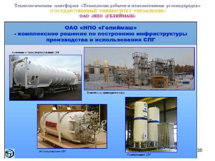 Технологическая платформа «Технологии добычи и использования углеводородов» «ГОСУДАРСТВЕННЫЙ УНИВЕРСИТЕТ УПРАВЛЕНИЯ» ОАО «НПО «ГЕЛИЙМАШ» 35