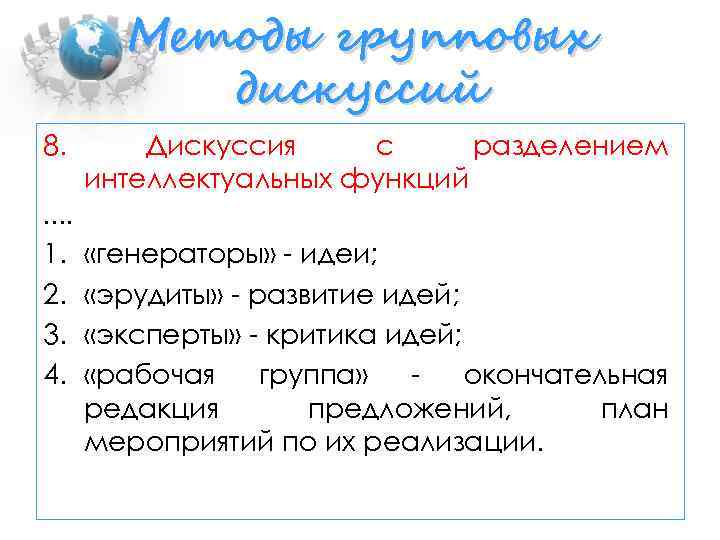 Методы групповых дискуссий 8. Дискуссия с разделением интеллектуальных функций …. 1. 2. 3. 4.