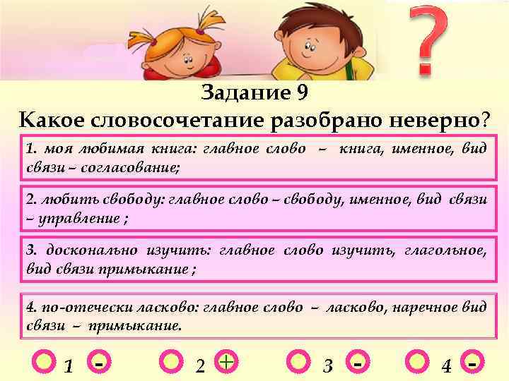 Задание 9 Какое словосочетание разобрано неверно? 1. моя любимая книга: главное слово – книга,