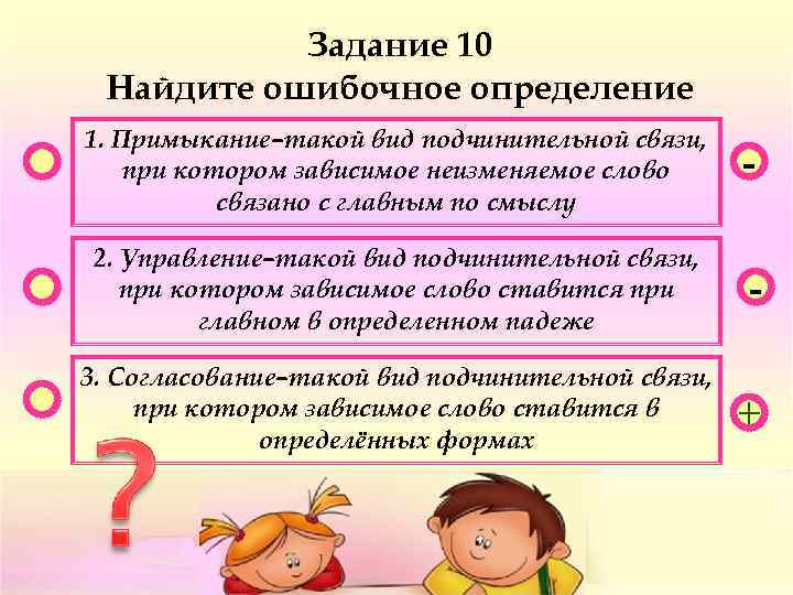 Задание 10 Найдите ошибочное определение 1. Примыкание–такой вид подчинительной связи, при котором зависимое неизменяемое